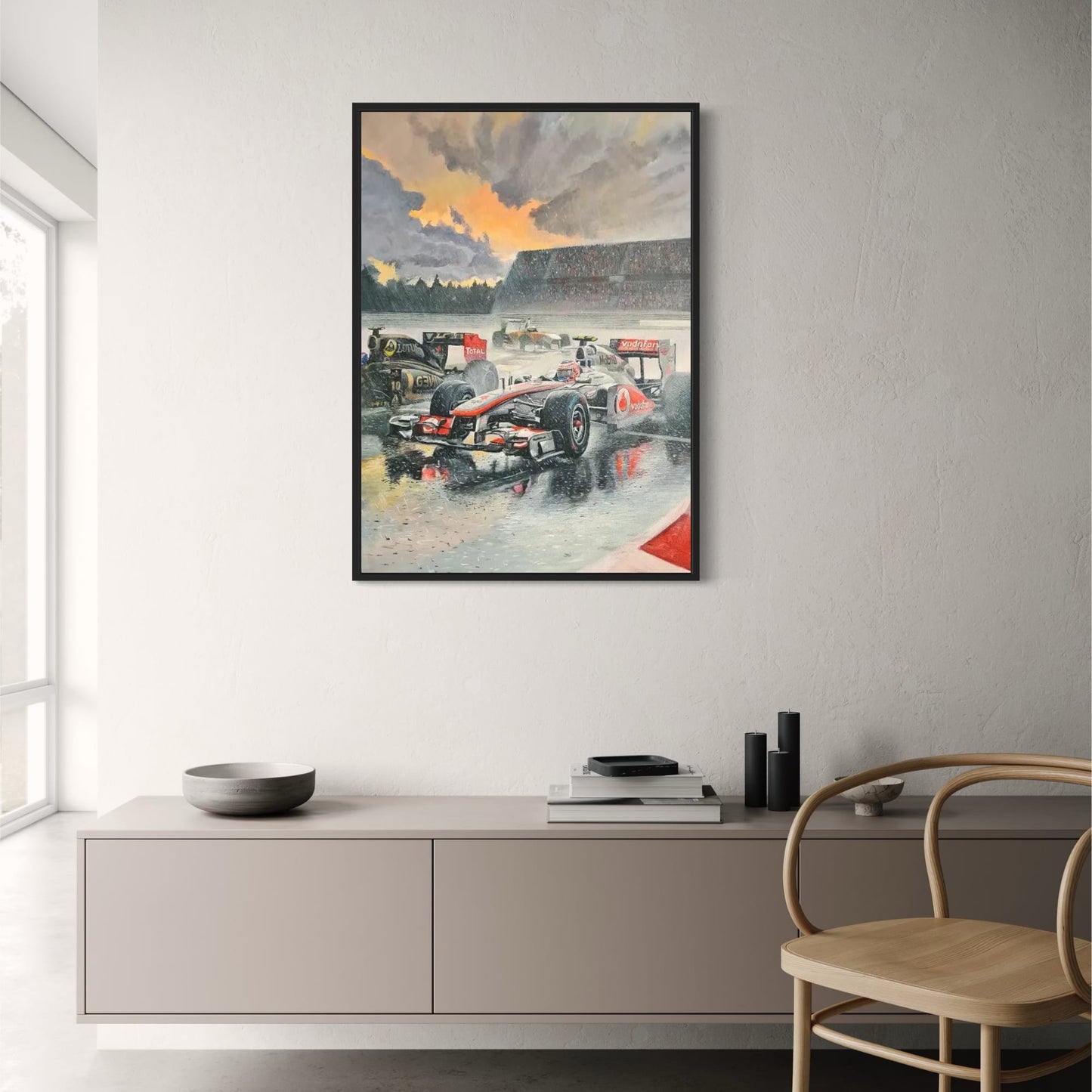Poster | Rennszene im Regen | McLaren- und Lotus-Autos | Formel-1-Rennaction | Vodafone-Team