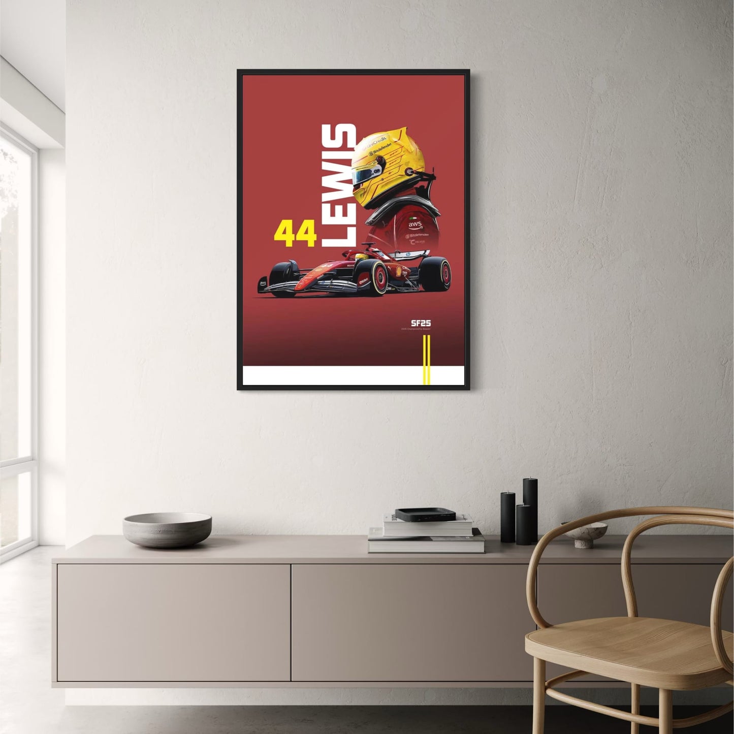 Lewis Hamilton Formel 1-Rennposter Saison 2025 | SF25-Meisterschaftsauto mit legendärem gelben Helm | Rote Sammleredition