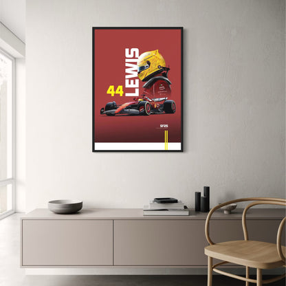 Lewis Hamilton Formel 1-Rennposter Saison 2025 | SF25-Meisterschaftsauto mit legendärem gelben Helm | Rote Sammleredition