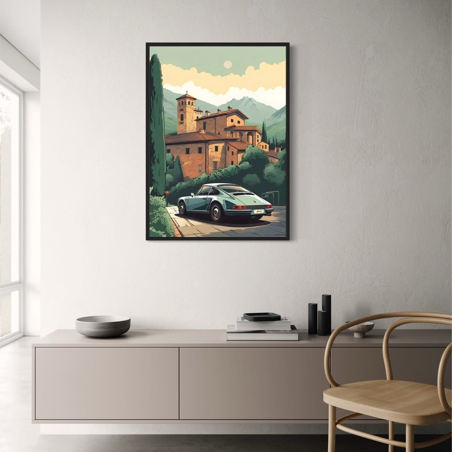Porsche 911 Poster | Heitere Dämmerung im alten Kloster | Friedlicher Zufluchtsort | Automobilkunst | Historische Erkundungen