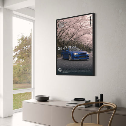 Nissan GT-R R34 Skyline | Cherry Blossom Road Scene | Iconic Japanese Sports Car Poster | High-Quality Auto Art Print