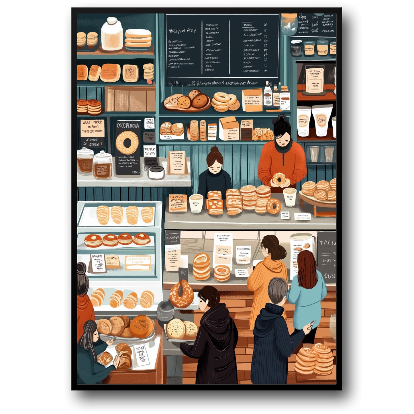 Charming Artisan Bakery Illustration | Hand-Drawn Assortment of Breads & Pastries | Cozy Warm-Toned Setting | Detailed Chalkboard Menu | Kitchen & Café Decor | Artistic Poster Print for Home Decor