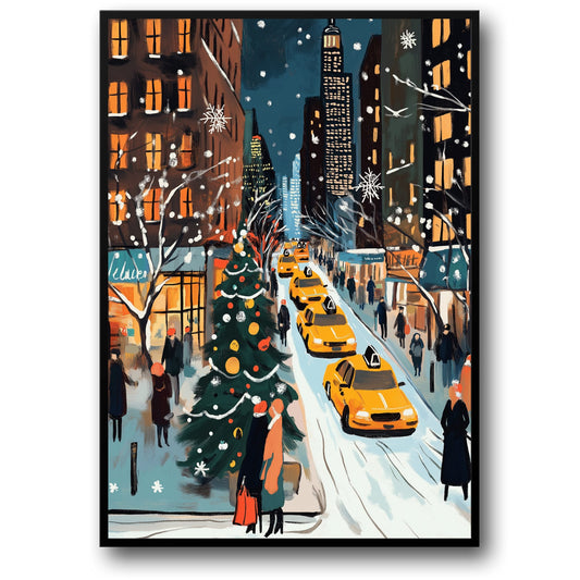 Charming Cityscape Art | Winter Wonderland with Yellow Taxis | Festive Poster | Snowy Urban Street Scene | Christmas Tree | Skyscrapers | Vibrant Vintage Print | NYC Holiday Decor | Visual Art Poster