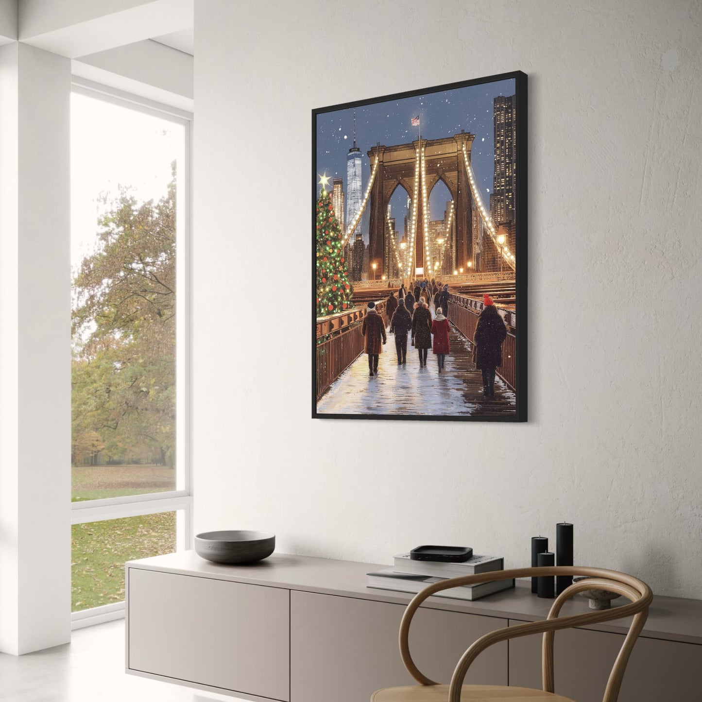 Brooklyn Bridge Festive Night | New York City Skyline | Illuminated Historic Architecture | Christmas Tree Print | Snowfall Poster | Iconic Holiday Atmosphere Art | Winter Coats | American Flag Visual Decor