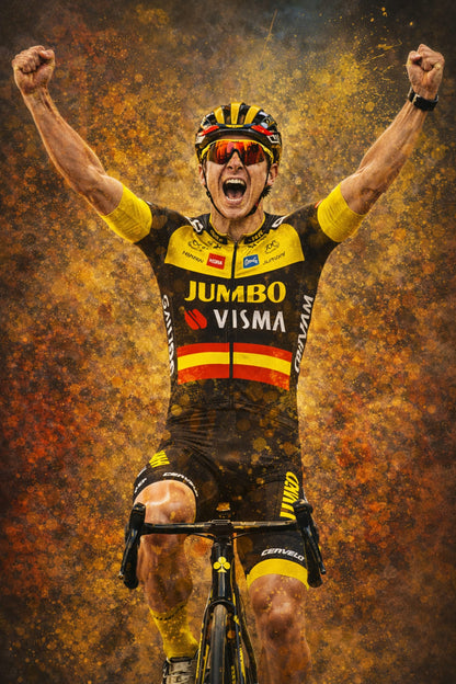Triumphant Cyclist Art | Jumbo-Visma Team Racing Kit | Sports Scene | Vibrant Yellow Orange Accents | Motivational Poster | Cycling Enthusiasts Wall Decor | High-Resolution Print