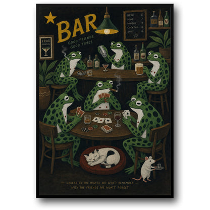 Frog Friends Bar Scene | Humorous Animal Art | Frogs Playing Cards and Drinking | Whimsical Pub Poster | Fun Print for Home Decor