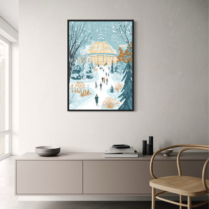 Winter Wonderland | Serene Botanical Garden Pathway with Snowfall | Iconic Glass-Domed Conservatory Scene | Vibrant Blue & Orange Illustration | Ideal Winter Decor Print | Perfect Seasonal Artwork Poster