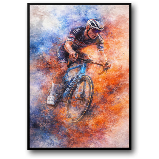 Fietser in Beweging Kunst | Levendige Blauwe en Oranje Aquarel | Expressie Poster | Levendige Woon- & Kantoor Decor Print