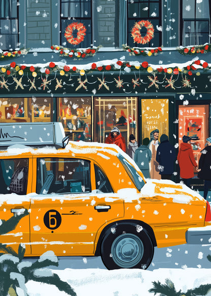 Festive Urban Winter Scene | Yellow Taxi Cab in Snow | Christmas Wreaths and Garlands | Perfect Home or Holiday Gift | City Poster Print