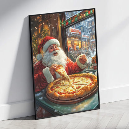 Santa Claus | Festive Holiday Pizza Celebration | Cozy Winter Café | Christmas Lights | Snowy Streetscape | Seasonal Cheer | Poster Print