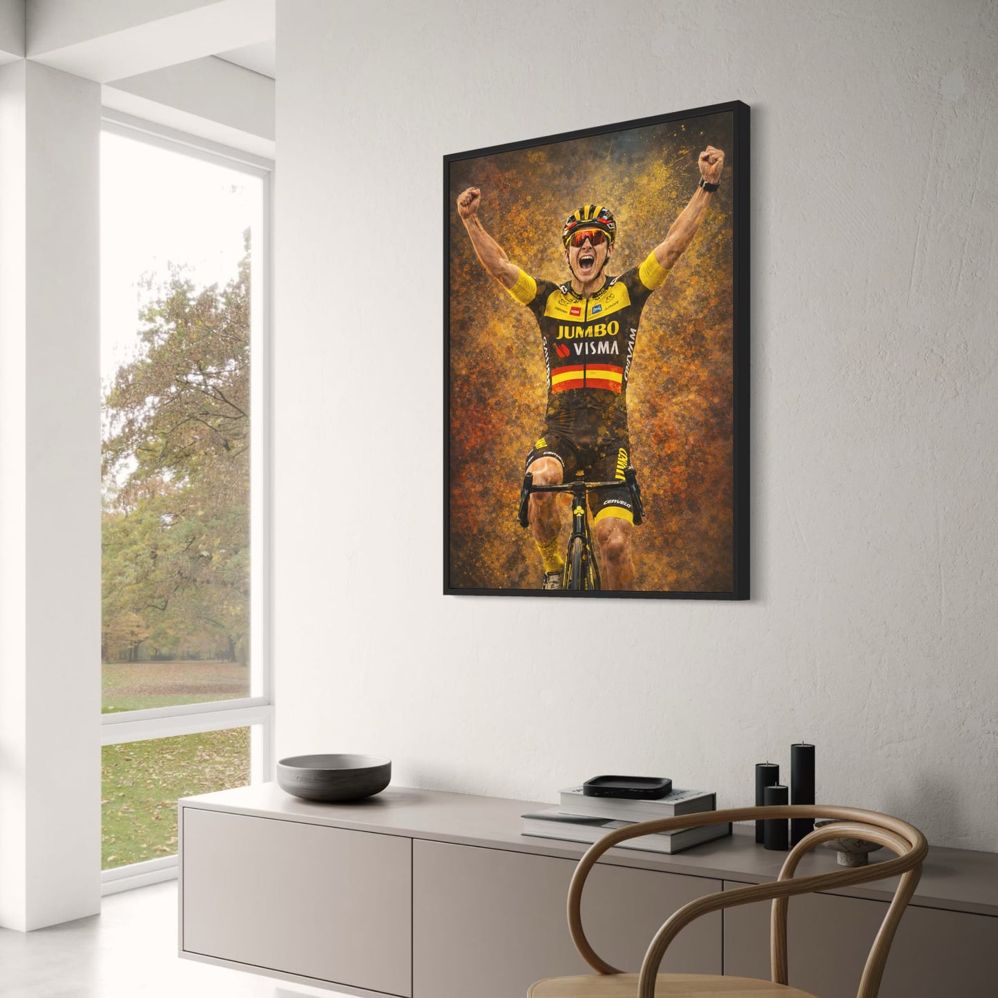 Triumphant Cyclist Art | Jumbo-Visma Team Racing Kit | Sports Scene | Vibrant Yellow Orange Accents | Motivational Poster | Cycling Enthusiasts Wall Decor | High-Resolution Print