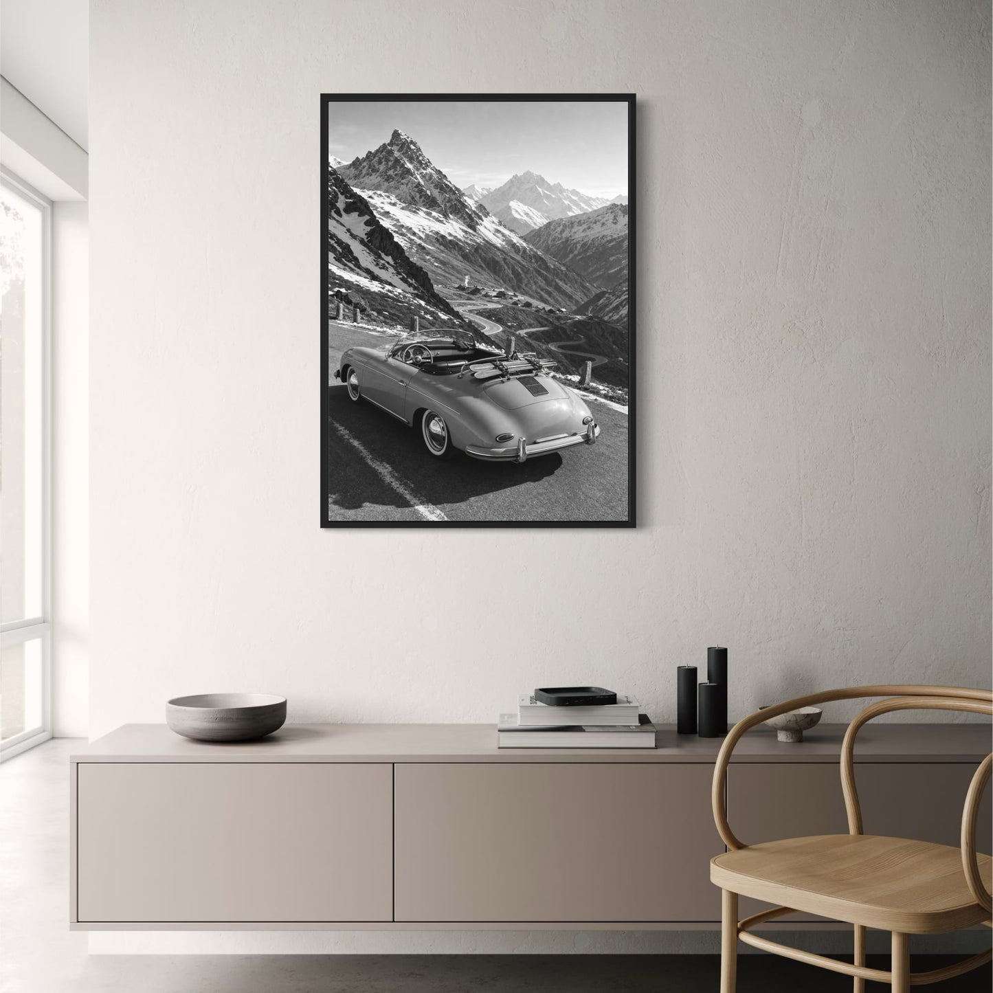 Vintage Convertible in Alpine Mountains | Black and White Scenic Poster | Classic Car Wall Art Print