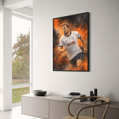 Football Art Print | Sports Poster | Fiery Orange and Dark Background | White & Navy Blue Jersey | Intensity of Professional Football | Collectible Wall Art | Home Office Decor