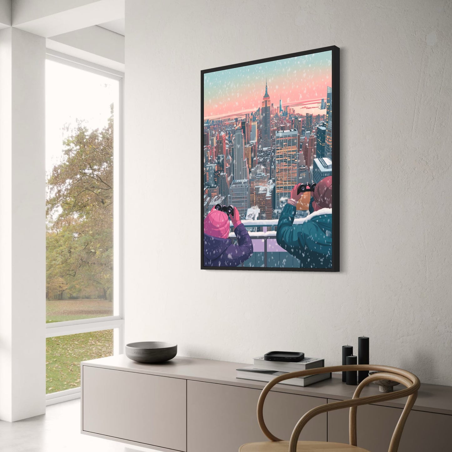 Scenic Winter Cityscape | Iconic Urban Skyline | Snowfall Scene | Dual Figures with Binoculars | Stunning Skyscrapers | Sunset Poster | Premium Quality Print | Captivating Wall Art for Home or Office Decor