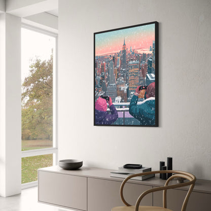Scenic Winter Cityscape | Iconic Urban Skyline | Snowfall Scene | Dual Figures with Binoculars | Stunning Skyscrapers | Sunset Poster | Premium Quality Print | Captivating Wall Art for Home or Office Decor