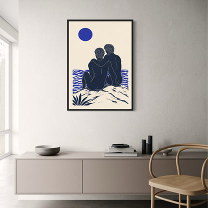 Romantic Illustration | Couple Embrace by Ocean Art | Wall Decor | Modern Love Poster | Minimalist Print | Sea and Sun Design