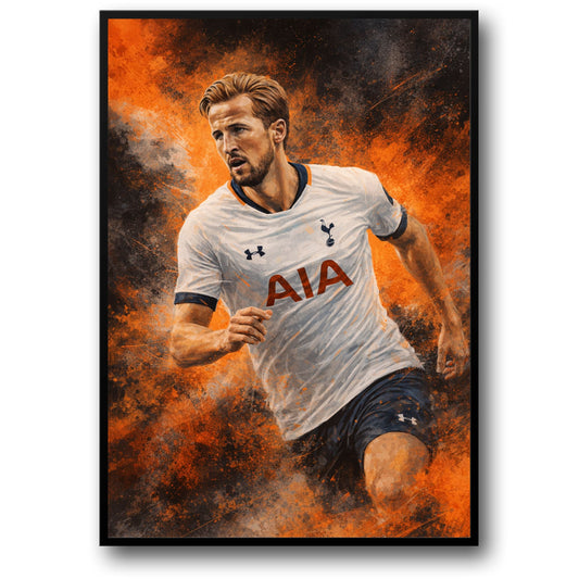 Voetbal Kunstafdruk | Sportposter | Vurig Oranje en Donkere Achtergrond | Witte & Marineblauwe Trui | Intensiteit van Professioneel Voetbal | Verzamelaars Wandkunst | Thuis Kantoor Decor