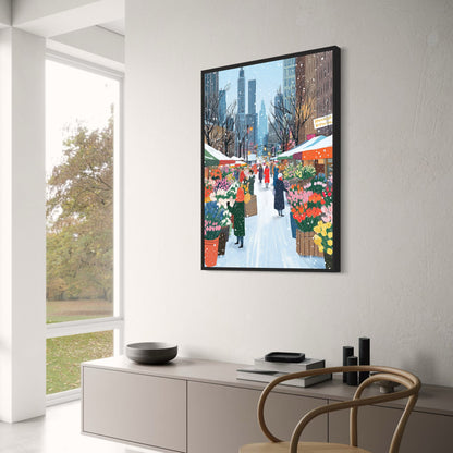 Colorful Urban Winter Street Scene | Vibrant Flower Stalls | People Amidst Snowflakes | Skyscrapers & Trees Backdrop | City Life Charm | Tulips & Daffodils | Wall Decor Print Poster