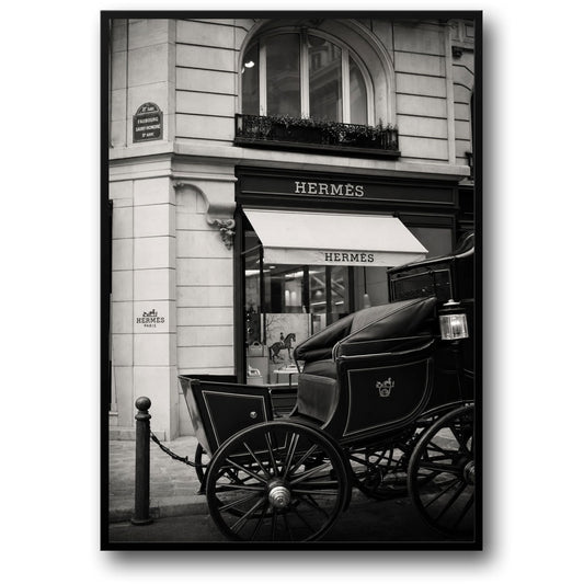Hermès Paris Storefront | Vintage Black and White Photography | Elegant Parisian Carriage Scene | Art Print Poster