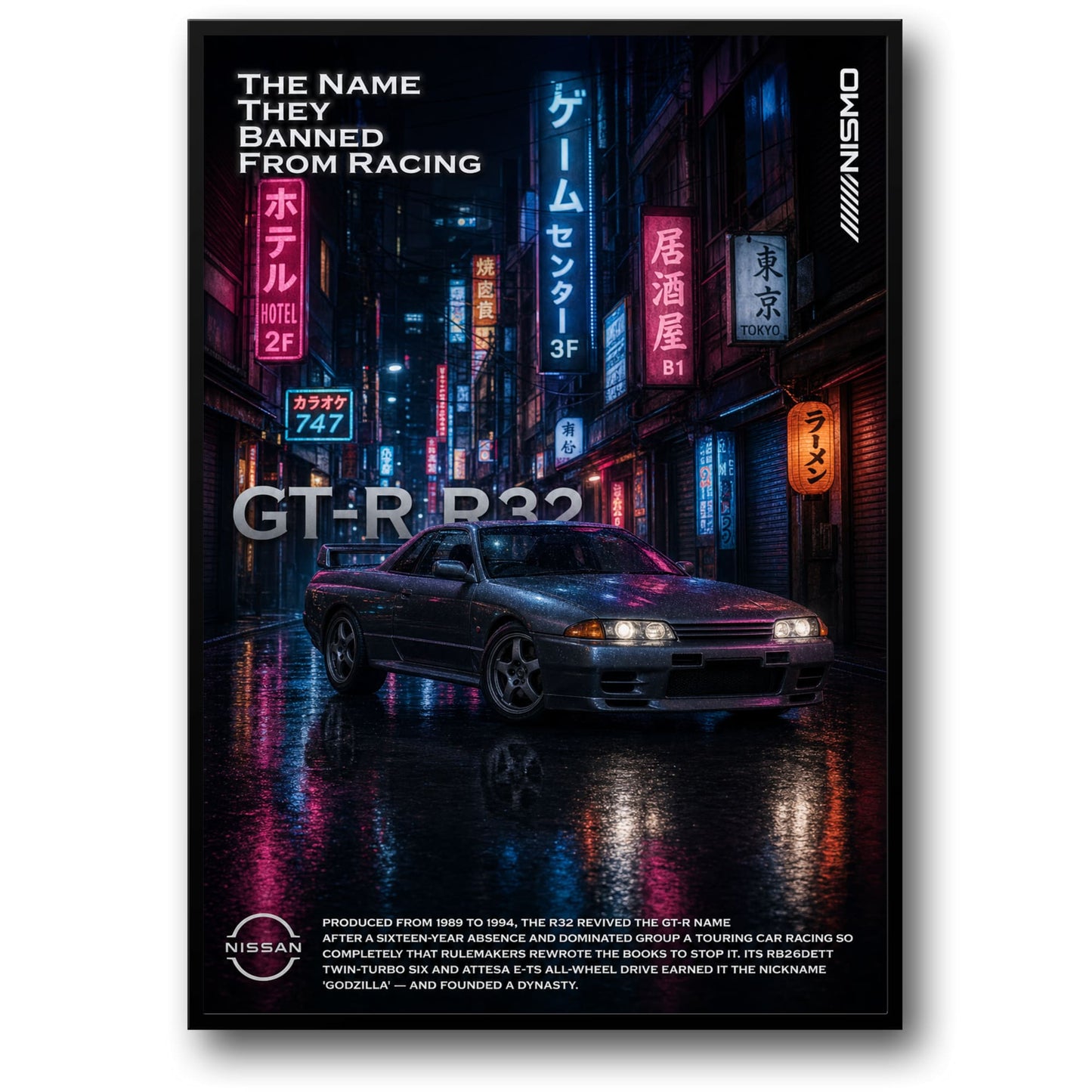Nissan GT-R R32 | Iconic Car Racing Heritage | Night Cityscape Art | Automotive Legend Poster Print
