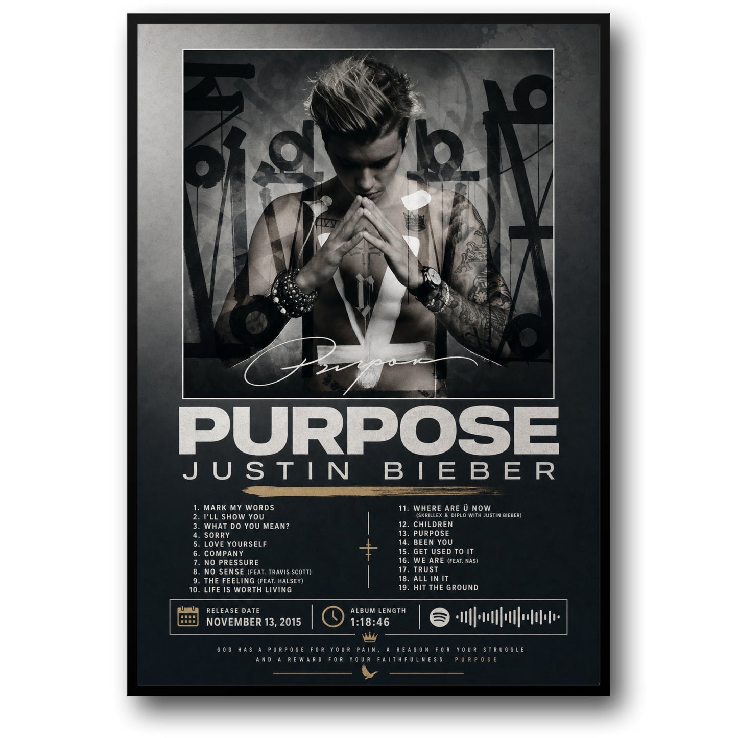 Justin Bieber Purpose Album Poster | Music Wall Art Print | Iconic Album Cover Poster | Modern Art Print for Home Decor | Music Lovers Gift Poster