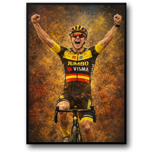 Triomfantelijke Fietser Kunst | Jumbo-Visma Team Racing Outfit | Sport Scène | Levendige Geel Oranje Accenten | Motiverende Poster | Fiets Enthousiastelingen Wanddecoratie | Hoge Resolutie Print