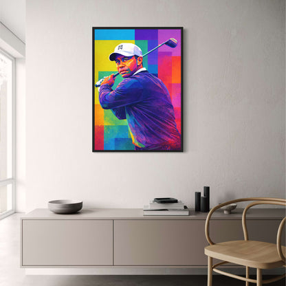 Tiger Woods | Vibrant Geometric Golf Art | Abstract Colorful Golfer Portrait Swing | Pop Art Cubism Wall Decor | Unique Print Poster