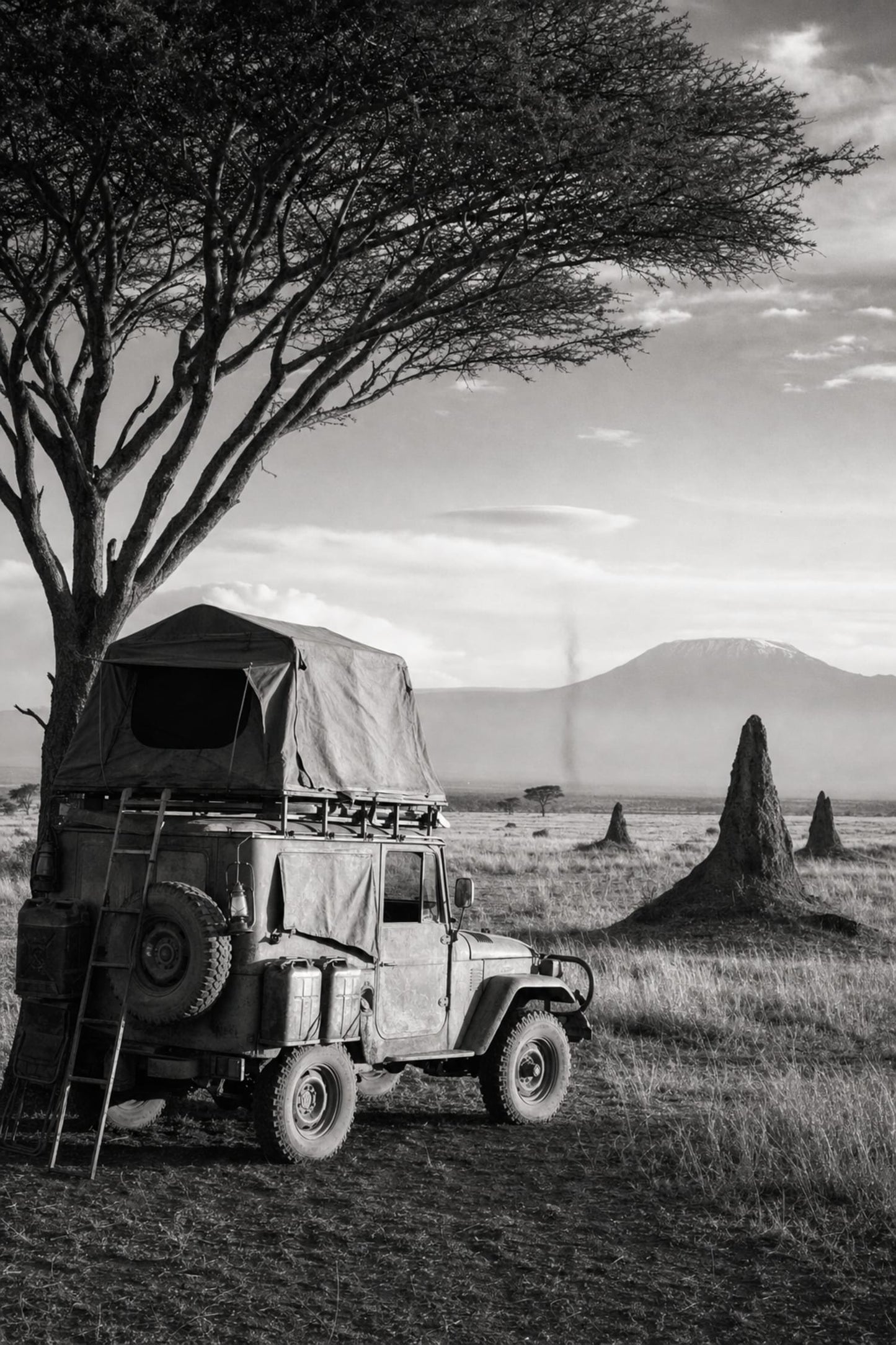 Adventure Safari Jeep | Serengeti Landscape Art Print | Black and White Poster | Nature and Travel Wall Decor | High Quality Print