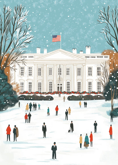 Charming Winter Scene | Iconic White House Art Print | Snow-Covered Landscape & Holiday Atmosphere | Festive Poster for Home Decor | Architectural Details & Frosted Trees | Inspirational Winter Wonderland