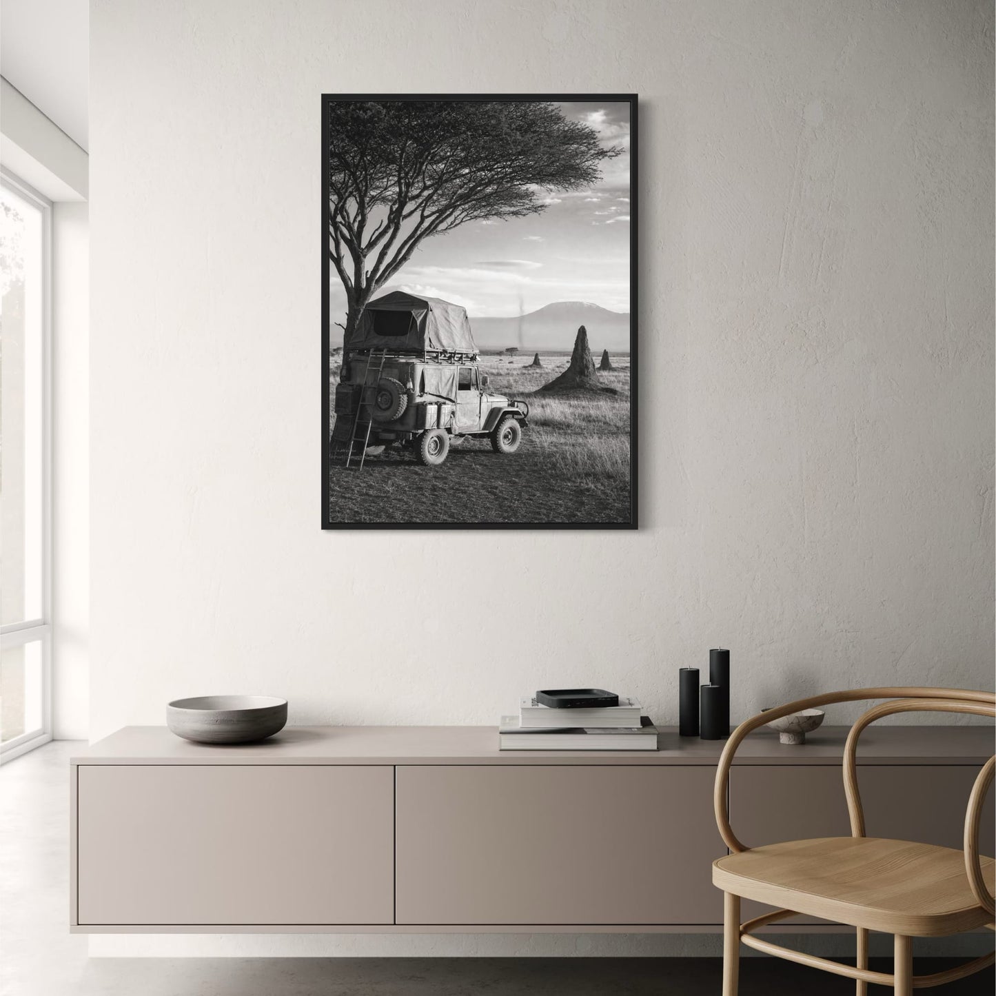 Adventure Safari Jeep | Serengeti Landscape Art Print | Black and White Poster | Nature and Travel Wall Decor | High Quality Print