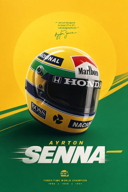 Ayrton Senna Tribute | Racing Helmet Art | Three-Time World Champion 1988 1990 1991 | Inspirational Quote Poster Print