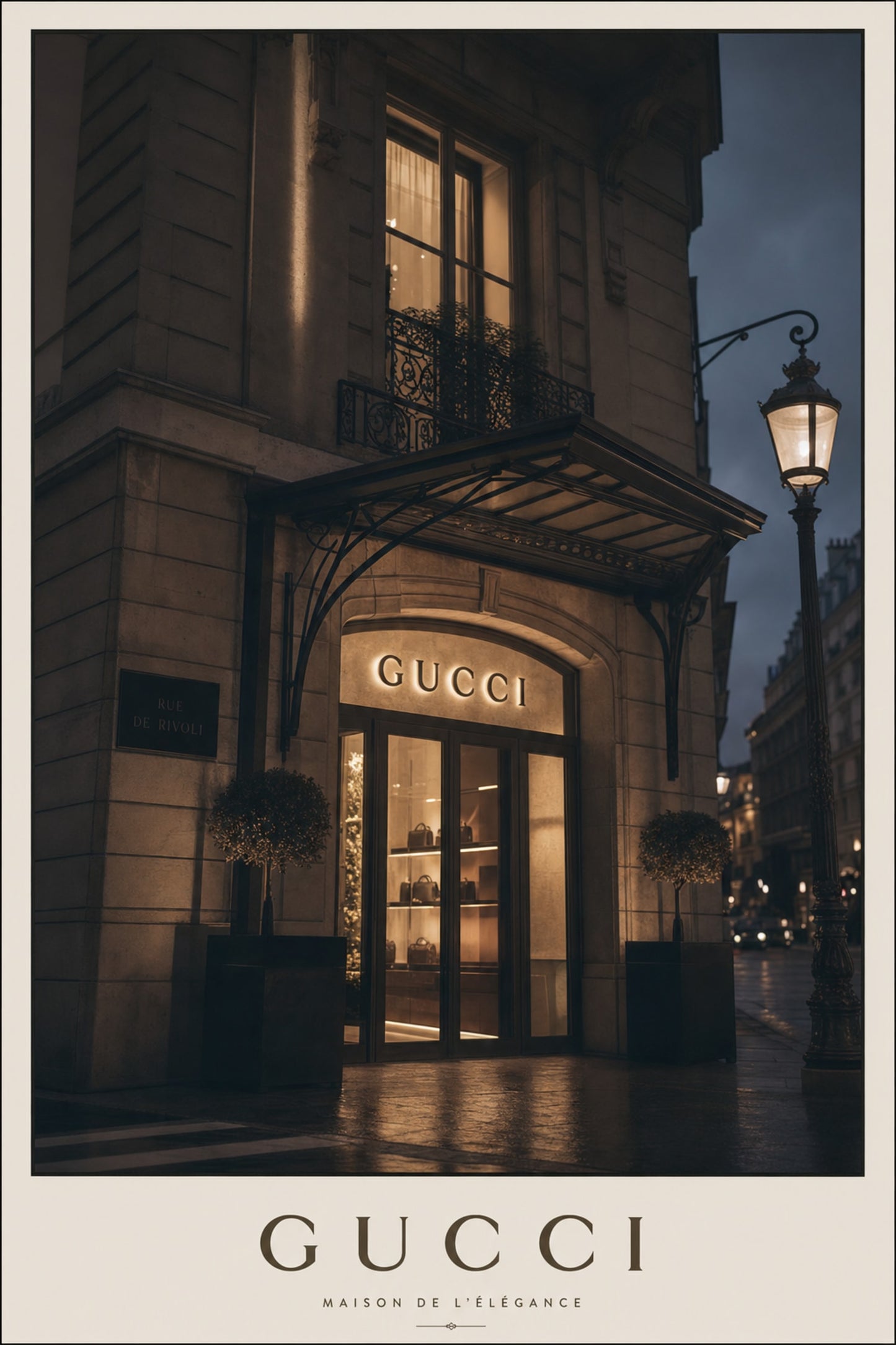 Elegant Luxury Boutique Entrance | Evening Ambiance Street Photography Print | Chic Fashion Storefront Poster