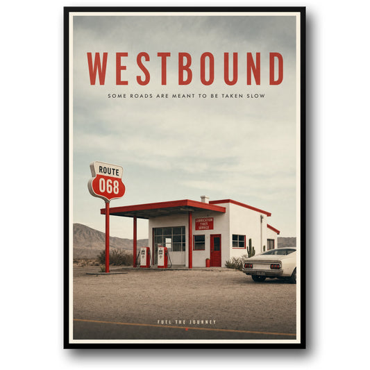 Vintage Tankstation Kunst | Route 068 Woestijn Wegposter | Retro Reis Print | Muurkunst Decor | Westwaartse Reis Poster