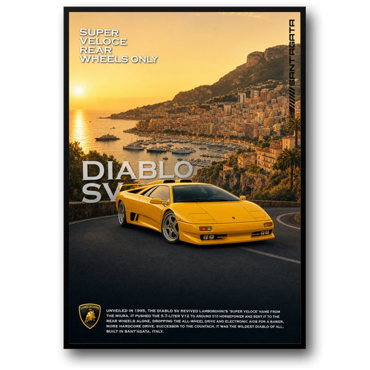Lamborghini Diablo SV | Iconische Supercar Poster | Klassieke Exotische Auto Print | Luxe Sportwagen Muurdecoratie | Achterwielaandrijving Liefhebbersdecor