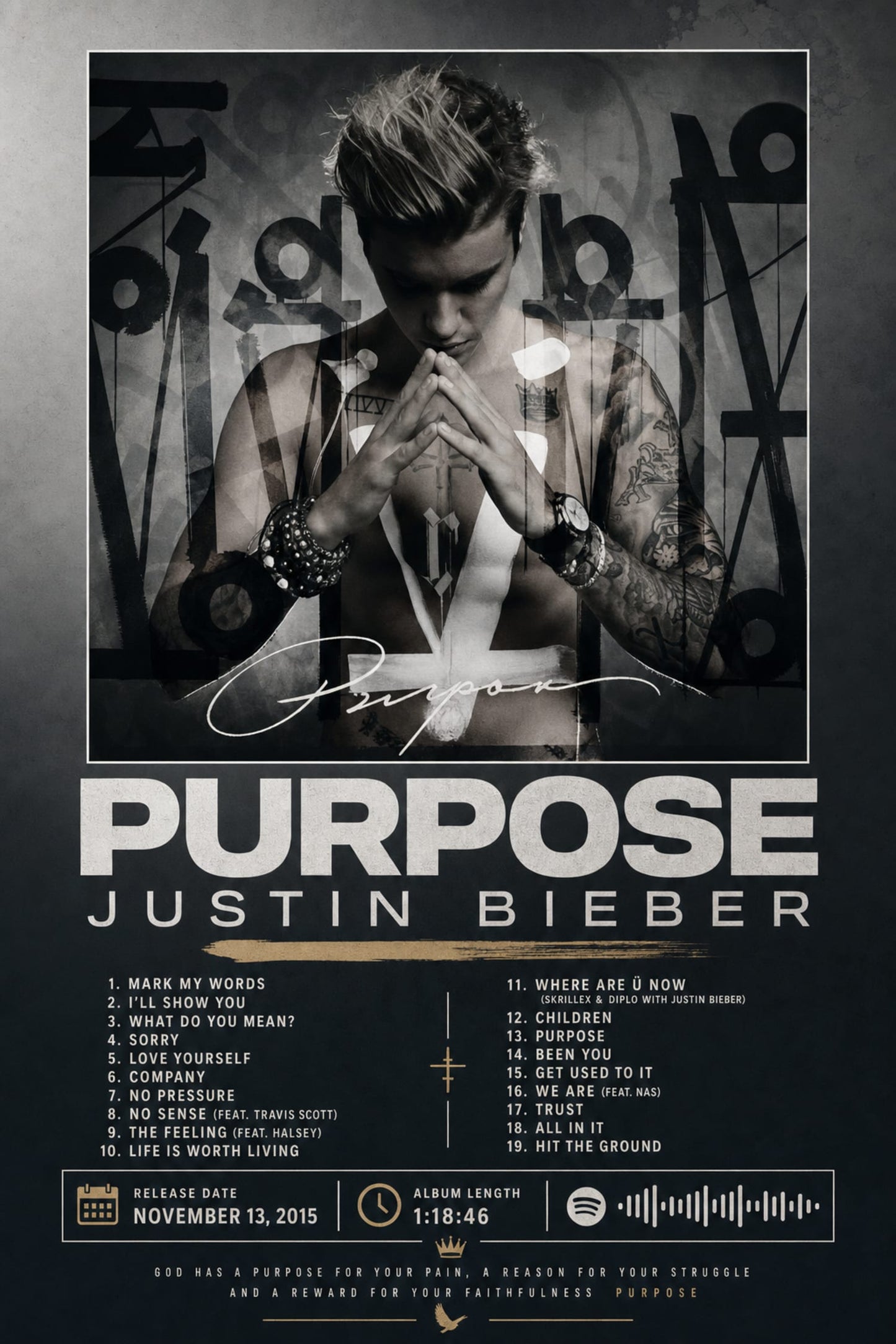 Justin Bieber Purpose Album Poster | Music Wall Art Print | Iconic Album Cover Poster | Modern Art Print for Home Decor | Music Lovers Gift Poster