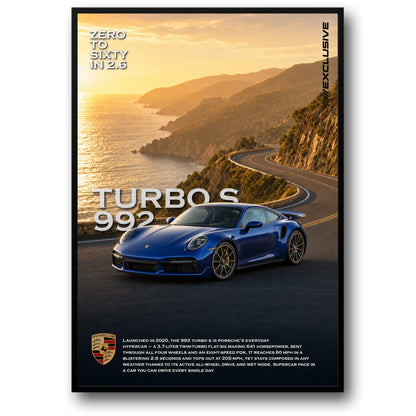 Porsche 992 Turbo S | Luxe Auto Prestaties Kunst | Van Nul naar Zestig in 2,6 Print | Prachtige Kustrit Poster