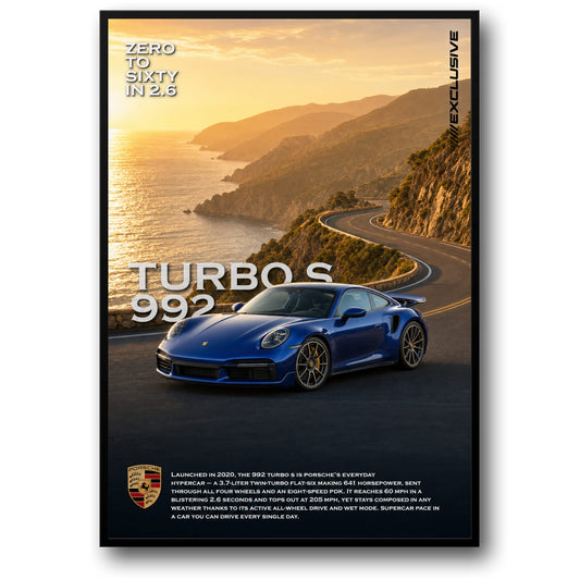 Porsche 992 Turbo S | Luxe Auto Prestaties Kunst | Van Nul naar Zestig in 2,6 Print | Prachtige Kustrit Poster