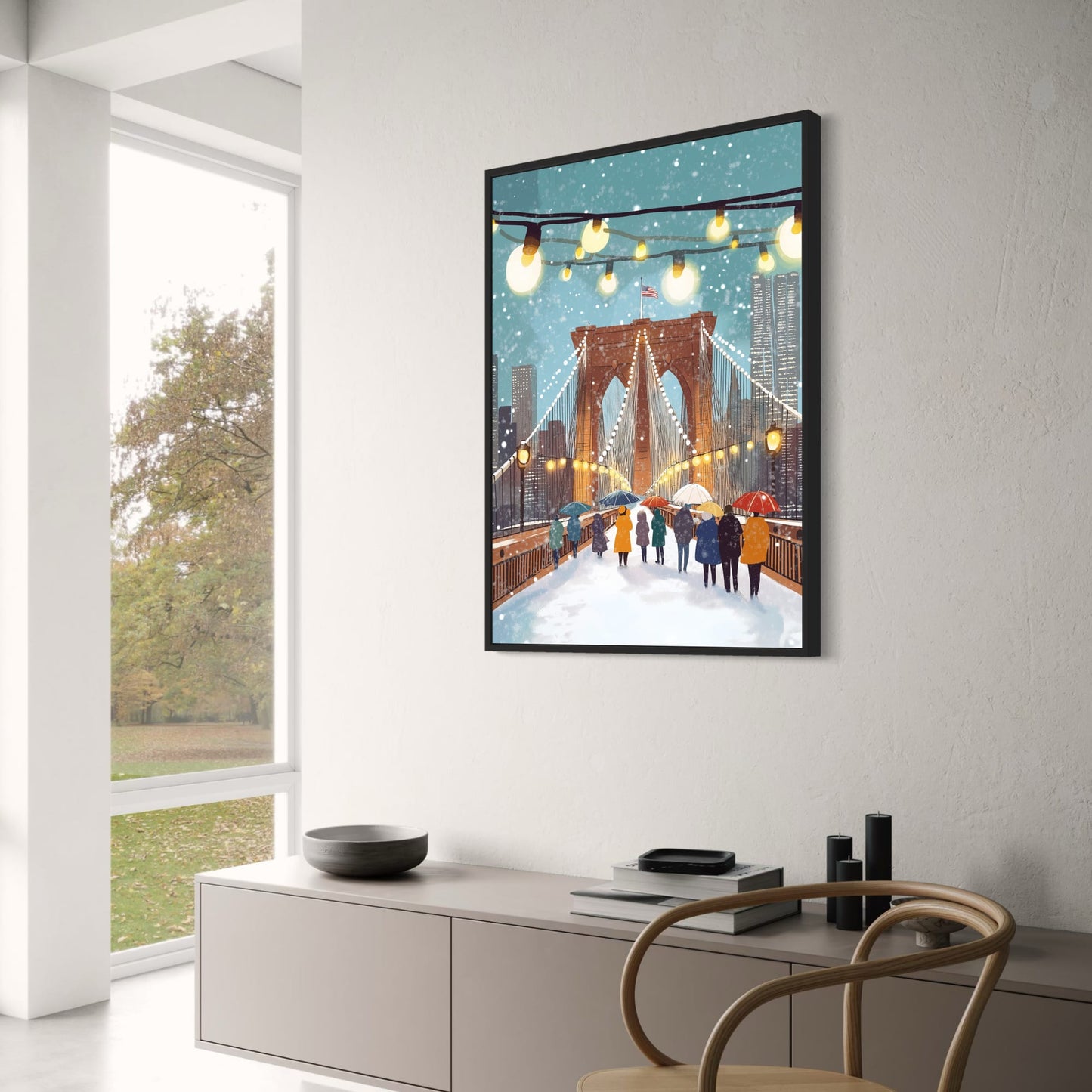 Brooklyn Bridge Winter Wonderland | Vibrant New York City Art | Urban Landscape with Festive Lights & Snowflakes | Holiday Season Poster | Perfect Urban Scenery Decor | NYC Themed Print