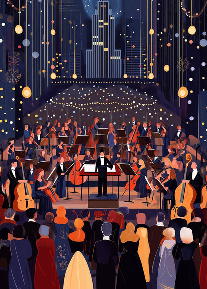 Majestic Nighttime Symphony Orchestra | Conductor | Musicians in Grand Hall | Formal Audience | Atmospheric Fireworks | Classical Music | Art Illustration Poster | Perfect for Living Room Decor | High-Quality Print