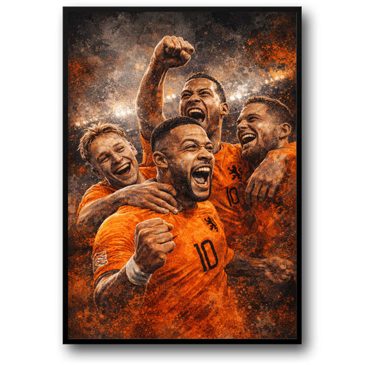 Voetballers Poster | Team Geest en Eenheid | Energieke Viering Voetbal Kunst | Stadion Achtergrond Print | Decor voor Sportliefhebbers