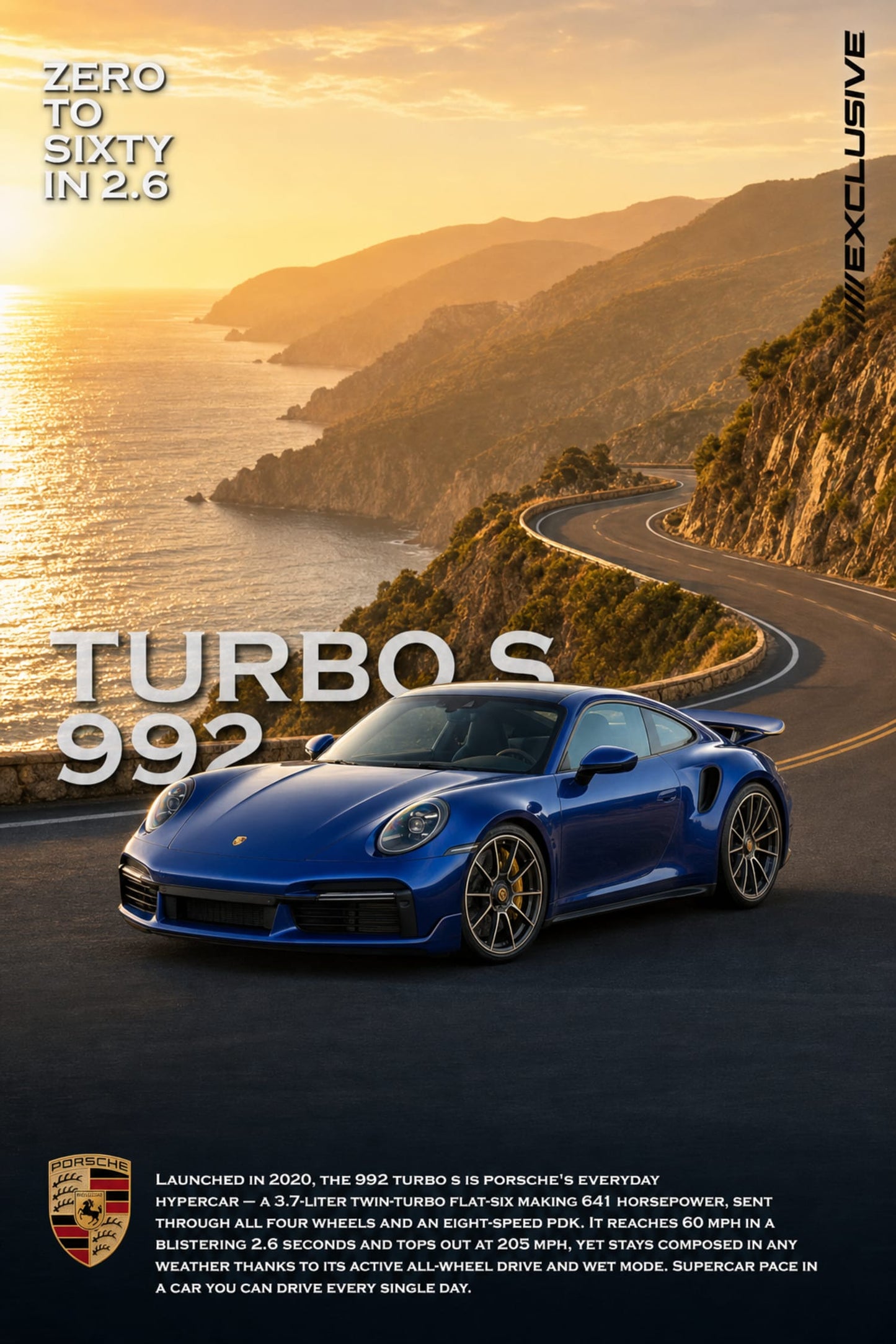 Porsche 992 Turbo S | Luxe Auto Prestaties Kunst | Van Nul naar Zestig in 2,6 Print | Prachtige Kustrit Poster