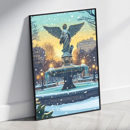 Vibrant Angelic Statue | Snow-Covered Park Scene | Icy Details & Historic Architecture | Winter Wonderland | Serene Snowfall | Golden Twilight Sky | Elegant Art Print Poster for Home Decor | Urban Park Beauty