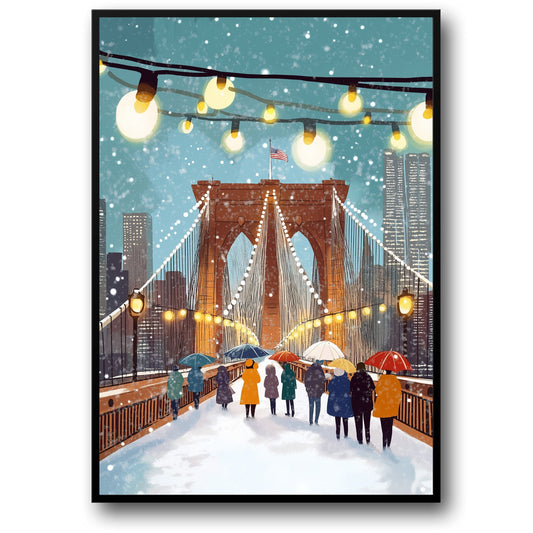 Brooklyn Bridge Winter Wonderland | Vibrant New York City Art | Urban Landscape with Festive Lights & Snowflakes | Holiday Season Poster | Perfect Urban Scenery Decor | NYC Themed Print