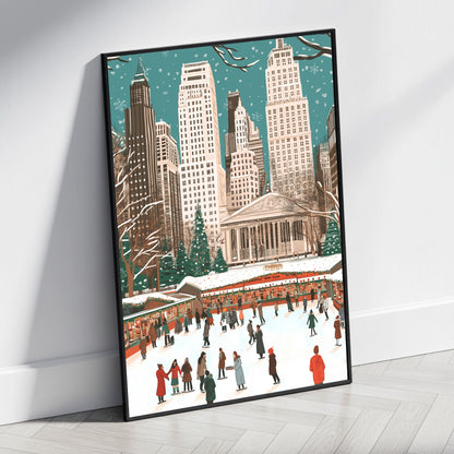 Festive Winter Wonderland | Holiday Skaters & Market | Vibrant Christmas Trees | Snowy Urban Scene | New York City | Poster Print
