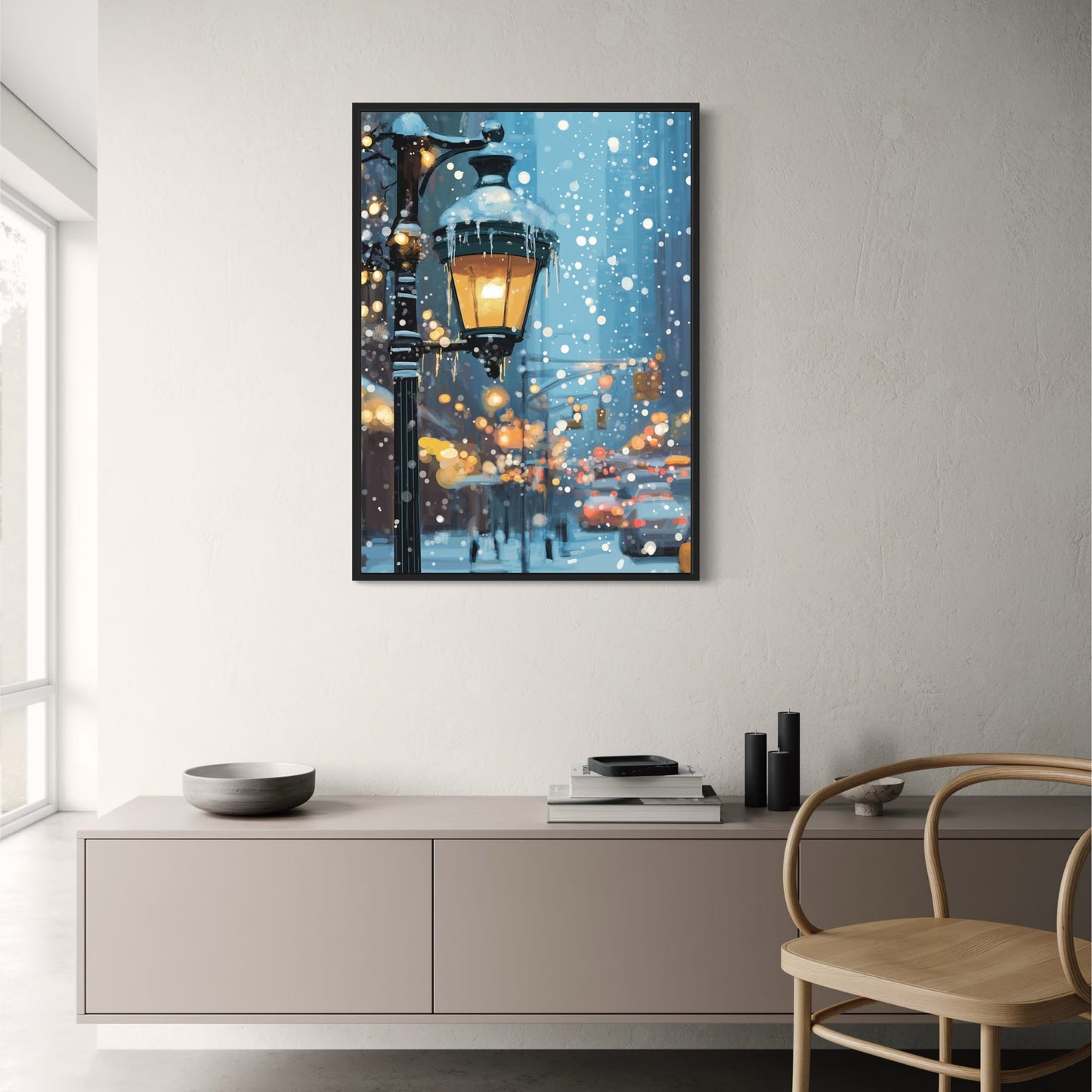 Winter Wonderland | Urban Street Scene | Snow-Covered Lamp Post | Falling Snowflakes | Cityscape Backdrop | Warm Glowing Print | Home Office Decor Poster
