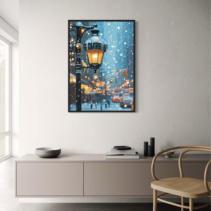 Winter Wonderland | Urban Street Scene | Snow-Covered Lamp Post | Falling Snowflakes | Cityscape Backdrop | Warm Glowing Print | Home Office Decor Poster