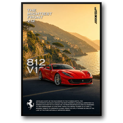 Ferrari 812 Superfast V12 Poster | High Performance Vehicle Art Print | Luxury Supercar Wall Decor