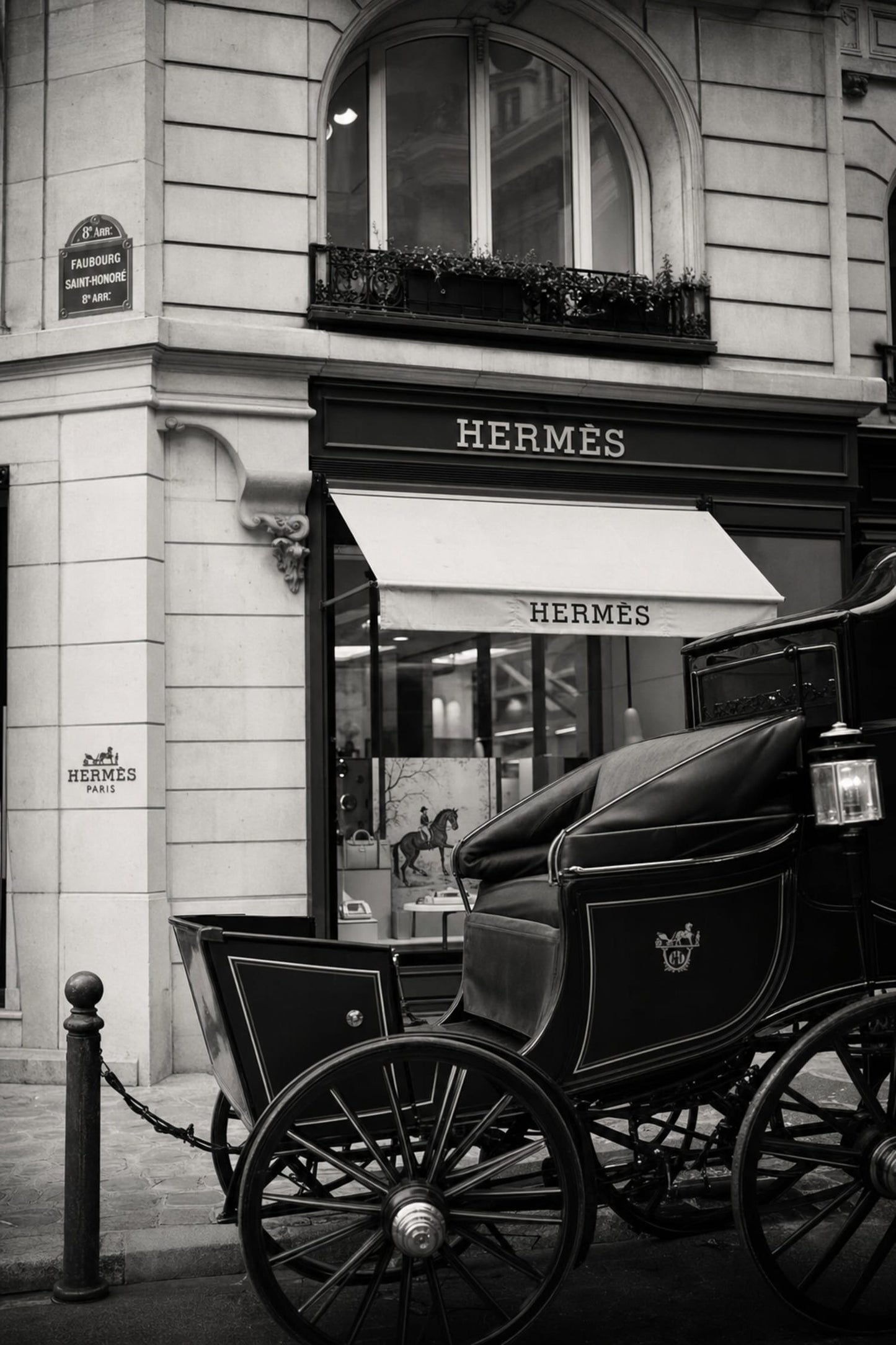 Hermès Paris Storefront | Vintage Black and White Photography | Elegant Parisian Carriage Scene | Art Print Poster