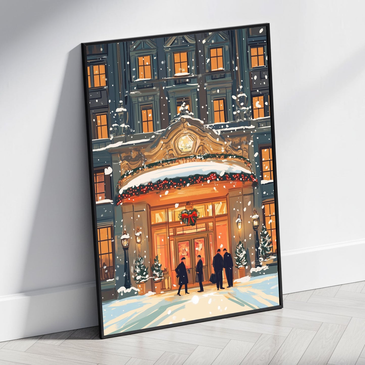 Luxurious Winter Holiday Scene | Festive Hotel Entrance | Snow-Covered Architecture | Seasonal Wreaths & Lights | Holiday Poster & Print