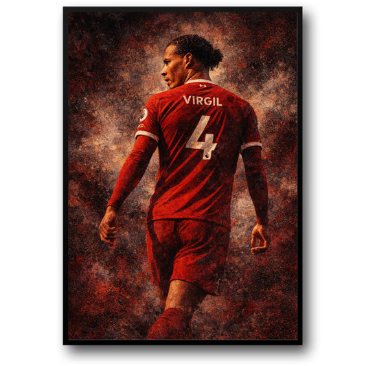 Virgil Van Dijk | Sport Kunst | Voetballer in Iconisch Rood Shirt | Dikke Naam & Nummer Typografie | Warme Textuur Achtergrond | Voetbal Fans Cadeau | Thuis Decor Collectie | Perfecte Poster | Enthousiaste Voetbal Decor